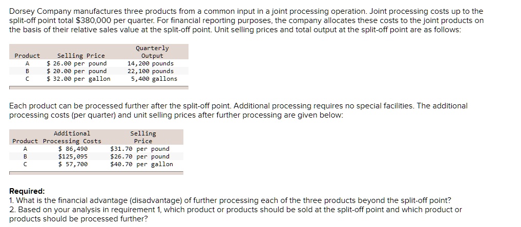 SOLVED: Dorsey Company manufactures three products from a common input
