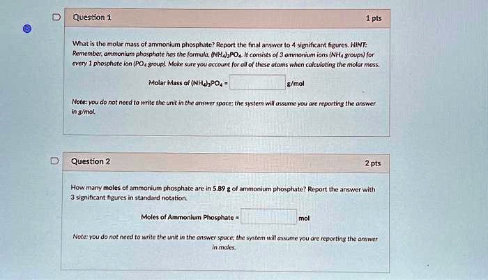 SOLVED: Question 1: What is the molar mass of ammonium phosphate