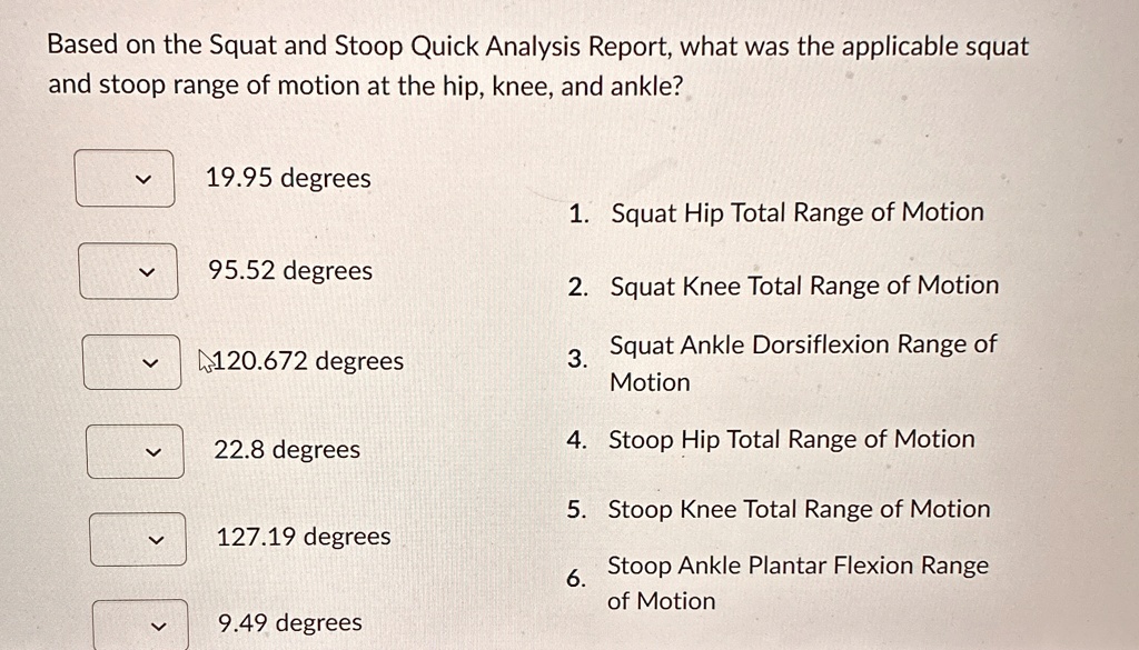 Stooping Motion Based on the Squat and Stoop Quick Analysis Report, what was the ...