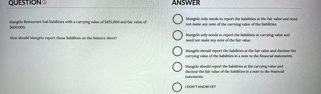 QUESTION
ANSWER
Mangelo Restaurant had liabilities with a carrying value of 425,000 and fair value of600,000.
How should Mangelo report these liabilities on the balance sheet?
Mangelo only needs to report the liabilities at the fair value and need
not make any note of the carrying value of the liabilities.
Mangelo only needs to report the liabilities at carrying value and
need not make any note of the fair value.
Mangelo should report the liabilities at the fair value and disclose the
carrying value of the liabilities in a note to the financial statements.
Mangelo should report the liabilities at the carrying value and
disclose the fair value of the liabilities in a note to the financial
statements.
I DON'T KNOW YET