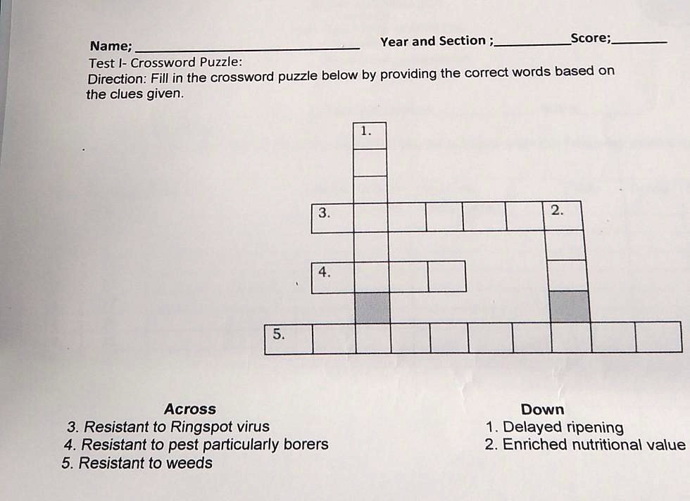 SOLVED: Direction: Fill in the crossword puzzle below by providing the