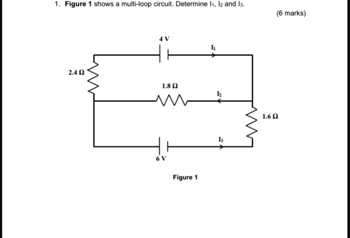1. Figure 1 shows a multi-loop circuit. Determine I1, I2 and I3.
4 V
I1
2.4 ?
1.8 ?
6 V
Figure 1
I3
(6 marks)
1.6 ?