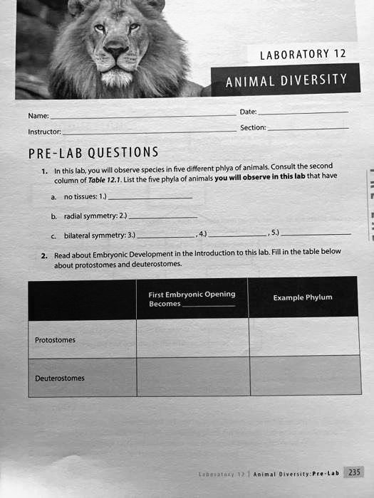 laboratory 12 animal diversity date name secton instructor pre lab ...
