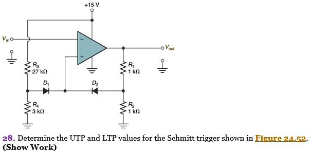 28. Determine the UTP and LTP values for the Schmitt trigger shown in Figure 24.52.
(Show Work)
