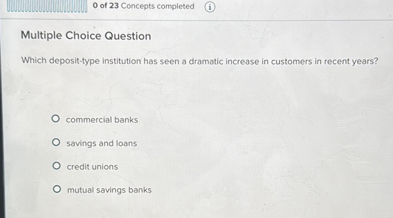 Multiple Choice Question

Which deposit-type institution has seen a dramatic increase in customers in recent years?

commercial banks
savings and loans
credit unions
mutual savings banks