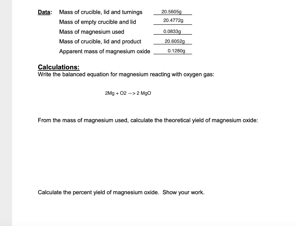 SOLVEDData Mass of crucible, lid and turnings Mass of empty crucible