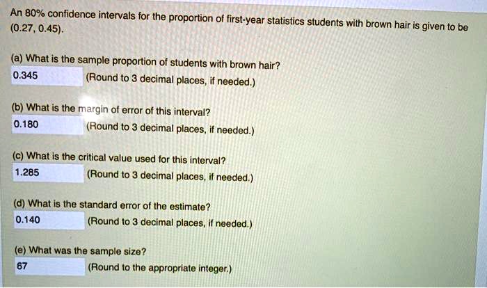 An 80% confidence intervals for the proportion of first-year statistics students with brown hair is given to be (0.27, 0.45).
(a) What is the sample proportion of students with brown hair?
0.345 (Round to 3 decimal places, if needed.)
(b) What is the margin of error of this interval?
0.180 (Round to 3 decimal places, if needed.)
(c) What is the critical value used for this interval?
1.285 (Round to 3 decimal places, if needed.)
(d) What is the standard error of the estimate?
0.140 (Round to 3 decimal places, if needed.)
(e) What was the sample size?
67 (Round to the appropriate integer.)