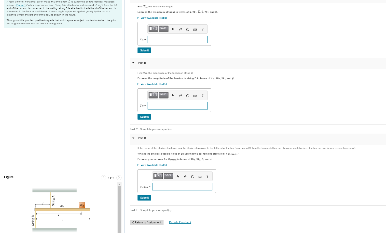 A rigid, uniform, horizontal bar of mass m1 and length L is supported