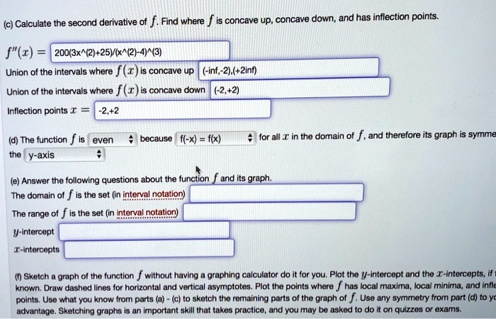 Solved C Calculate The Second Derivative Of F Find Where F Is Concave Up Concave Down And Has Inflection Points F C 0 3x 21 25v 6x 2 4 3 Union Of The Intervals Where F R E Is Concave Up Inf 2 2inf