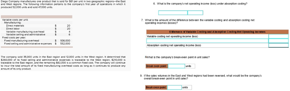 Net Operating Under Variable Diego Company manufactures one product that is sold for 81 per unit in ...