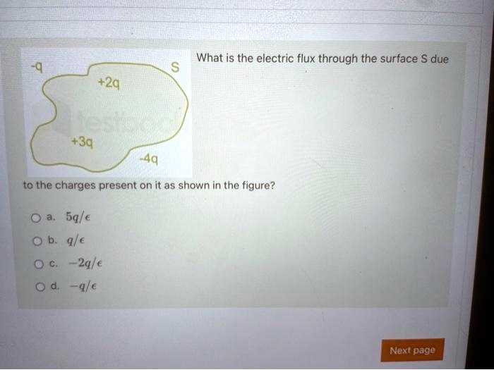 What is the electric flux through the surface S due
-q
S
+2q
+3q
-4q
to the charges present on it as shown in the figure?
a. 5q/e
b. q/e
c. -2q/e
d. -q/e