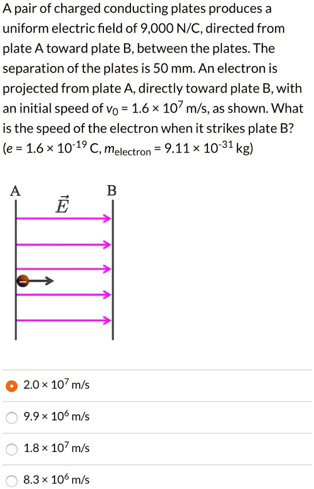 A pair of charged conducting plates produces a uniform electric field of 9,000 N/C, directed from plate A toward plate B, between the plates. The separation of the plates is 50 mm. An electron is projected from plate A, directly toward plate B, with an initial speed of v0 = 1.6 × 10^7 m/s, as shown. What is the speed of the electron when it strikes plate B? (e = 1.6 × 10^-19 C, melectron = 9.11 × 10^-31 kg)
A
B
2.0 × 10^7 m/s
9.9 × 10^6 m/s
1.8 × 10^7 m/s
8.3 × 10^6 m/s