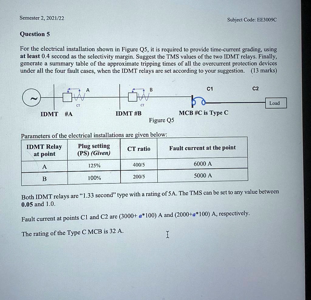 Semester 2, 2021/22 Question 5 Subject Code: EE3009C For the electrical ...