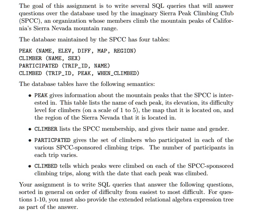 The goal of this assignment is to write several SQL queries...