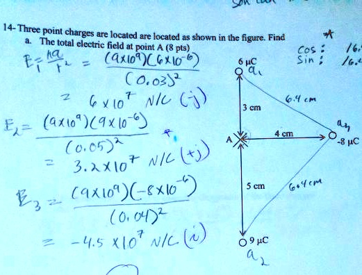 14- Three point charges are located are located as shown in the figure. Find
a. The total electric field at point A (8 pts)
E1 = (kq)/(r^2) = ((9 × 10^9)(6 × 10^-6))/((0.03)^2)
= 6 × 10^7  N/C  (ĵ)
E2 = ((9 × 10^9)(9 × 10^-6))/((0.05)^2)
= 3.2 × 10^7  N/C  (ĵ)
E3 = ((9 × 10^9)(-8 × 10^-6))/((0.04)^2)
= -4.5 × 10^7  N/C  (î)