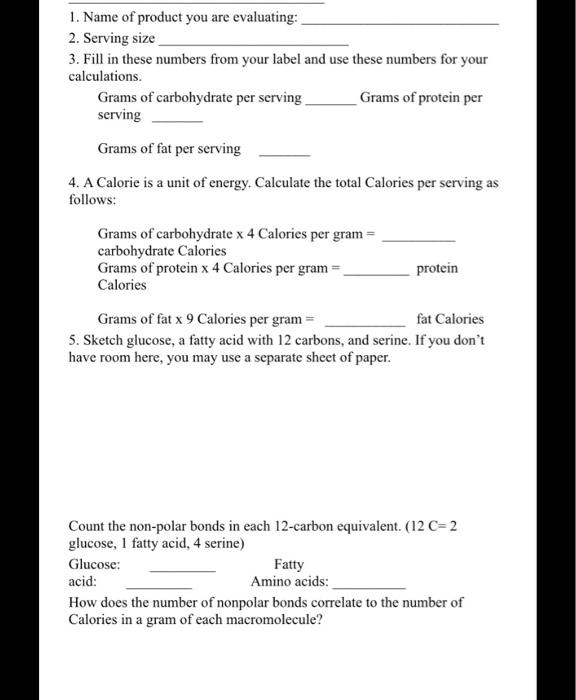 SOLVED Name of product you are evaluating 2. Serving size 3 . Fill in