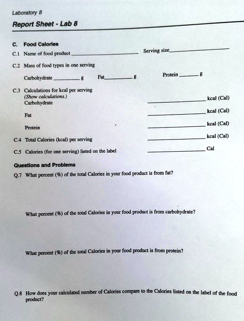 SOLVED: Laboratory 8 Report Sheet Lab 8 C. Food Calories CI Name of