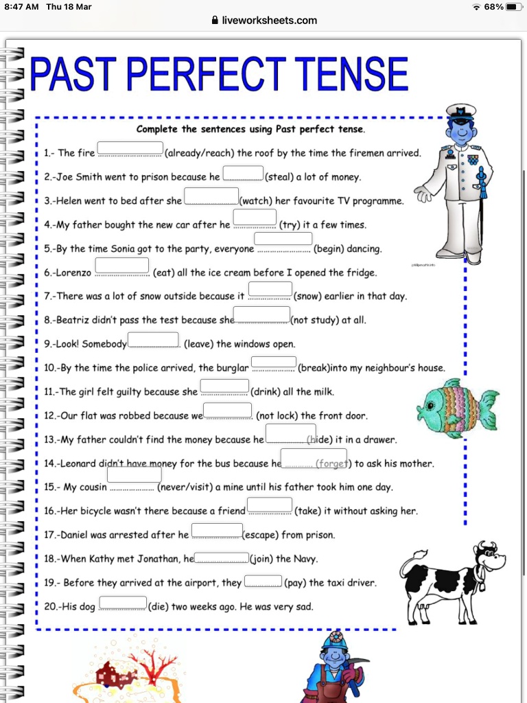 Solved: 8:47 Am Thu 18 Mar 68% Liveworksheets.com Past Perfect Tense 