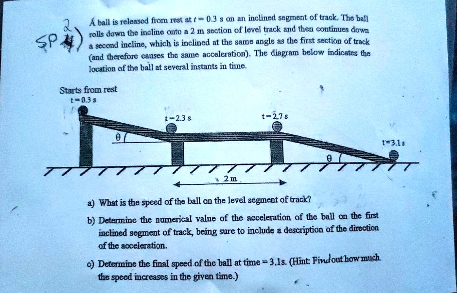 Ball is released from rest on an inclined segment of track. The ball