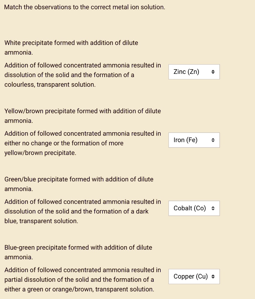 SOLVED Match the observations to the correct metal ion solution White
