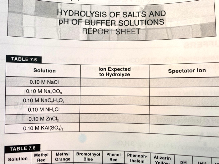 SOLVED HYDROLYSIS OF SALTS AND pH OF BUFFER SOLUTIONS REPORT SHEET