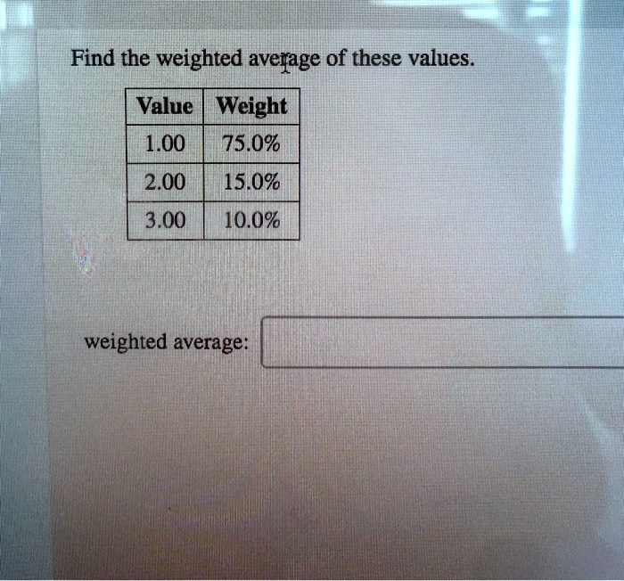 SOLVED: Find the weighted average of these values. Value Weight 1.00 75 ...