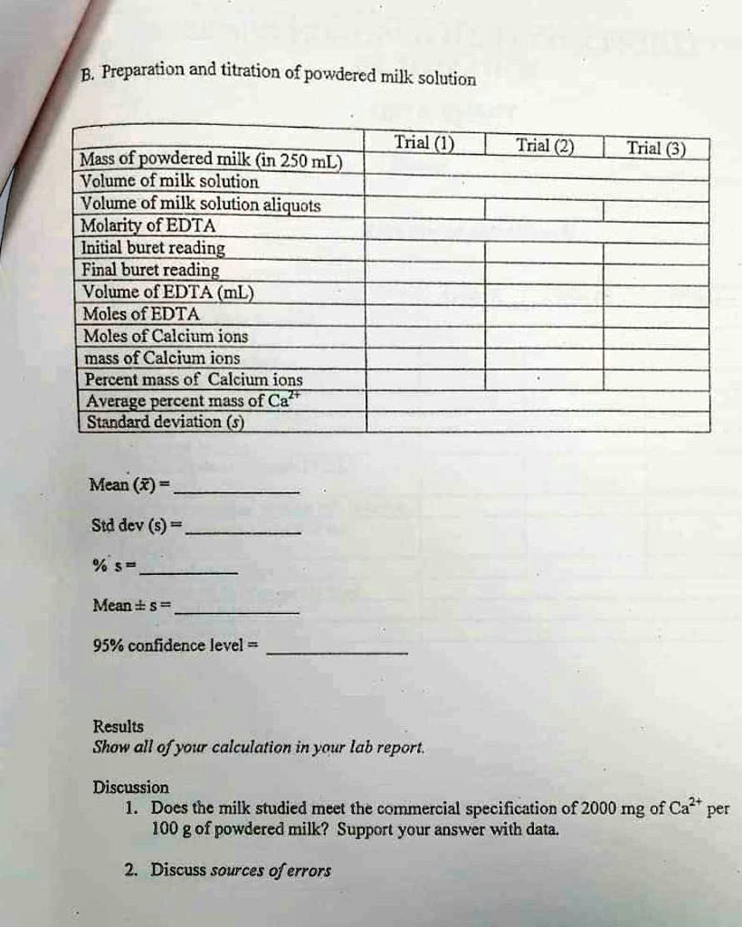SOLVED: B. Preparation and titration of powdered milk solution Trial 1 ...