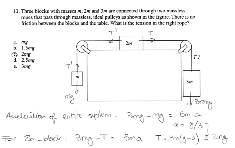 SOLVED Three blocks with masses m, Zm, and 3m are connected through two massless ropes that