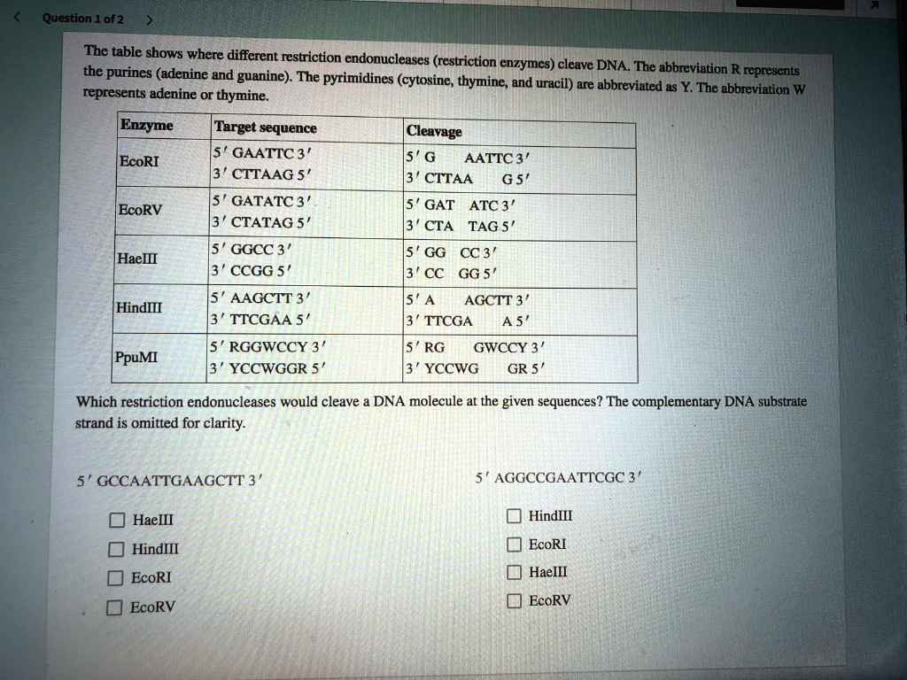 Solved The Table Shows Where Different Restriction Endonucleases Restriction Enzymes Cleave 0953