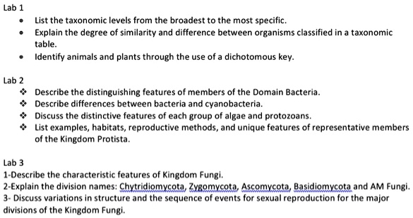 Lab list the taxonomic levels from the broadest to the most...