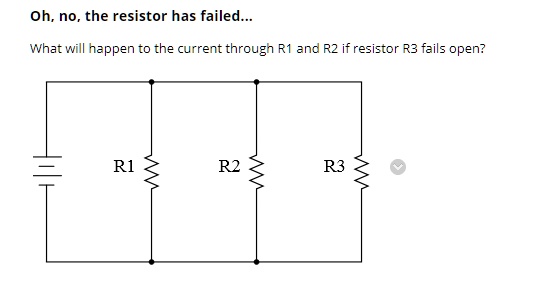 Oh, no, the resistor has failed...
What will happen to the current through R1 and R2 if resistor R3 fails open?