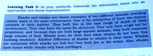 Learning Task 4: In your notebook, transcode the information below into