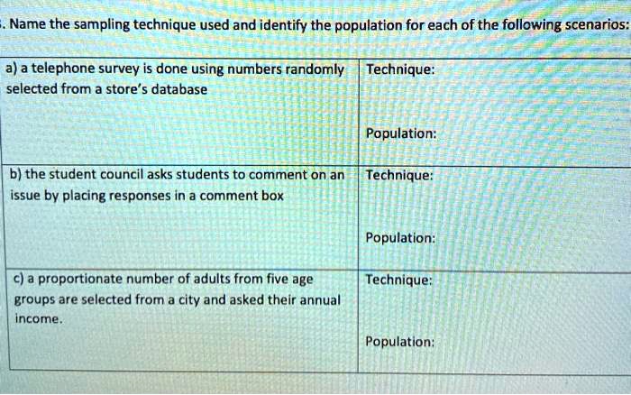 3. Name the sampling technique used and identify the population for each of the following scenarios:

a) a telephone survey is done using numbers randomly selected from a store's database
Technique:
Population:

b) the student council asks students to comment on an issue by placing responses in a comment box
Technique:
Population:

c) a proportionate number of adults from five age groups are selected from a city and asked their annual income.
Technique:
Population: