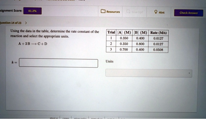 Using the data in the table, determine the rate constant of the
reaction and select the appropriate units.
A + 2B ? C + D
Trial [A] (M) [B] (M) Rate (M/s)
1 0.350 0.400 0.0127
2 0.350 0.800 0.0127
3 0.700 0.400 0.0508
k = Units