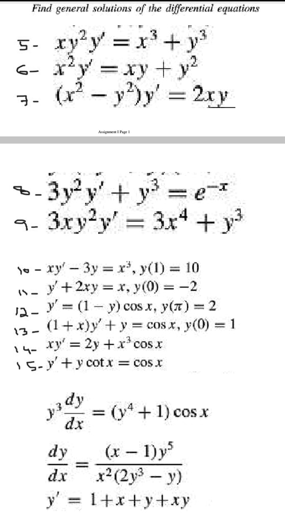 Solved Find General Solutions Of The Differential Equations 5 Ryly X 13 6 Ry Ry Y 7 1 Y Y 2xl Aurnnen Fr J Jyy Y E I 3 3ryly 34 Y Jo