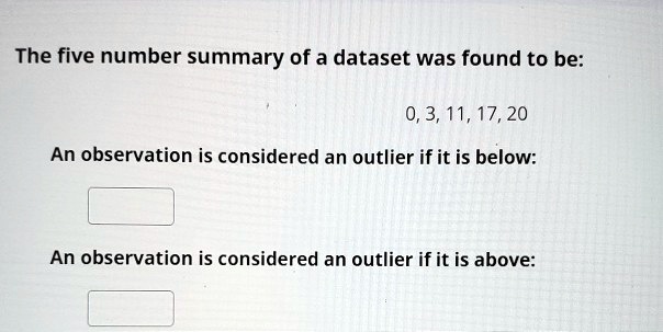 The five number summary of a dataset was found to be:
0, 3, 11, 17, 20
An observation is considered an outlier if it is below:
An observation is considered an outlier if it is above: