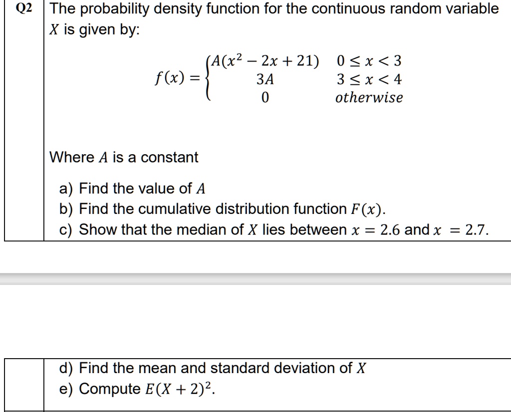 SOLVED: Q2 The probability density function for the continuous random ...