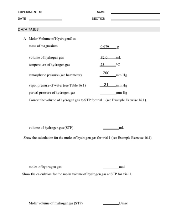 Solved Molar Volume Of Hydrogen Gas Experiment 16 Date Name Section Data Table A Molar Volume 9560