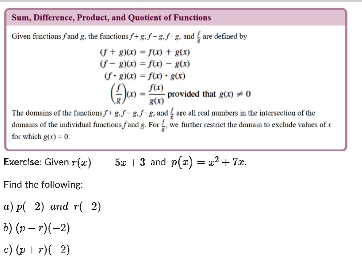 Solved Sum Difference Product And Quotient Of Functions Given Functions F And G The Functions F F G F G And 7 Are Defined By G F G6