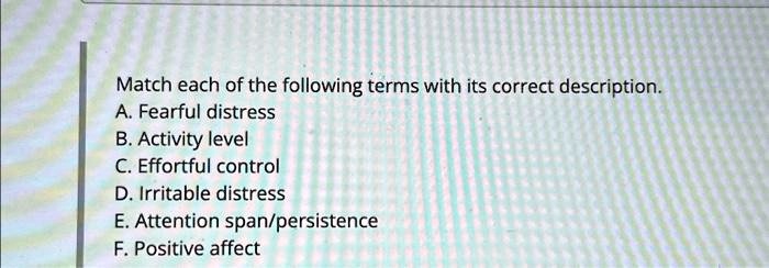 Match each of the following terms with its correct description.
A. Fearful distress
B. Activity level
C. Effortful control
D. Irritable distress
E. Attention span/persistence
F. Positive affect