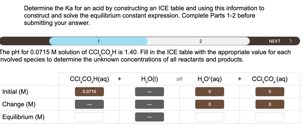 SOLVED: Determine the Ka for an acid by constructing an ICE table and ...