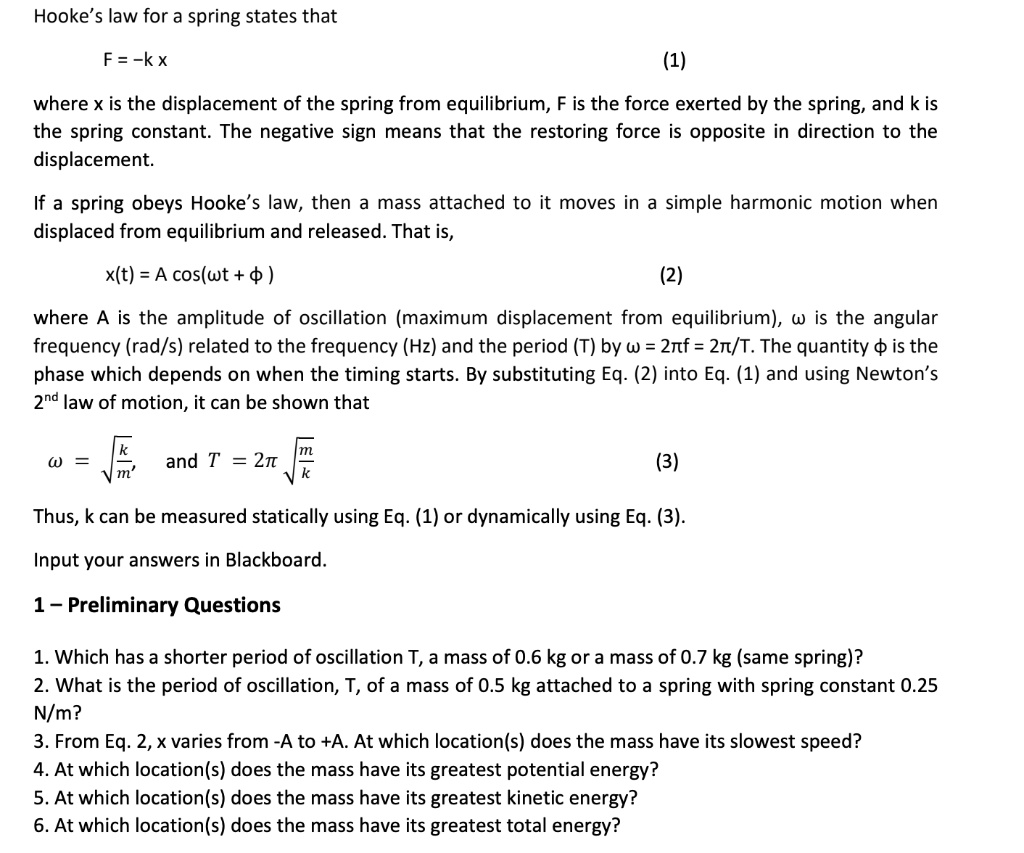 Solved Hookes Law For A Spring States That F Kx 1 Where X Is