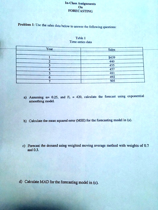 In-Class Assignments
On
FORECASTING
Problem 1: Use the sales data below to answer the following questions:
Table 1
Time-series data
Year
Sales
1
439
2
440
3
455
4
457
5
481
6
492
7
505
a) Assumingalpha = 0.25, andF1 = 420, calculate the forecast using exponential
smoothing model.
b) Calculate the mean squared error (MSE) for the forecasting model in (a).
c) Forecast the demand using weighted moving average method with weights of 0.7
and 0.3.
d) Calculate MAD for the forecasting model in (c).