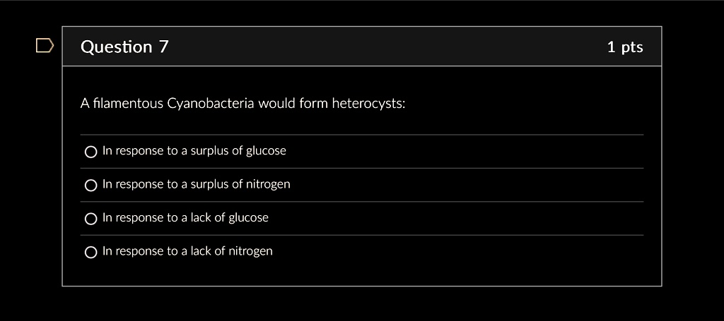 Question 7
A filamentous Cyanobacteria would form heterocysts:
In response to a surplus of glucose
O In response to a surplus of nitrogen
O In response to a lack of glucose
O In response to a lack of nitrogen
1 pts