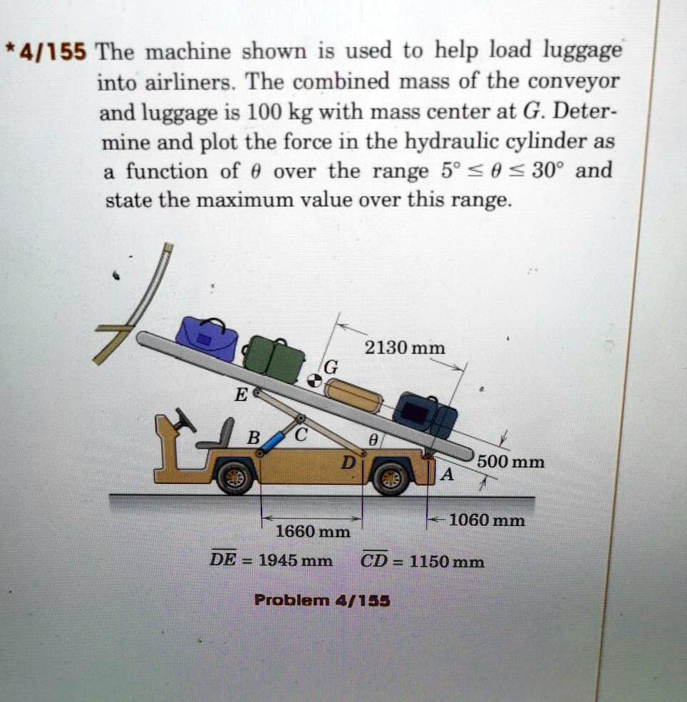 *4/155 The machine shown is used to help load luggage into airliners. The combined mass of the conveyor and luggage is 100 kg with mass center at G. Determine and plot the force in the hydraulic cylinder as a function of ? over the range 5° ? ? ? 30° and state the maximum value over this range.
2130 mm
G
E
C
?
B
D
500 mm
A
1060 mm
1660 mm
DE = 1945 mm CD = 1150 mm
Problem 4/155