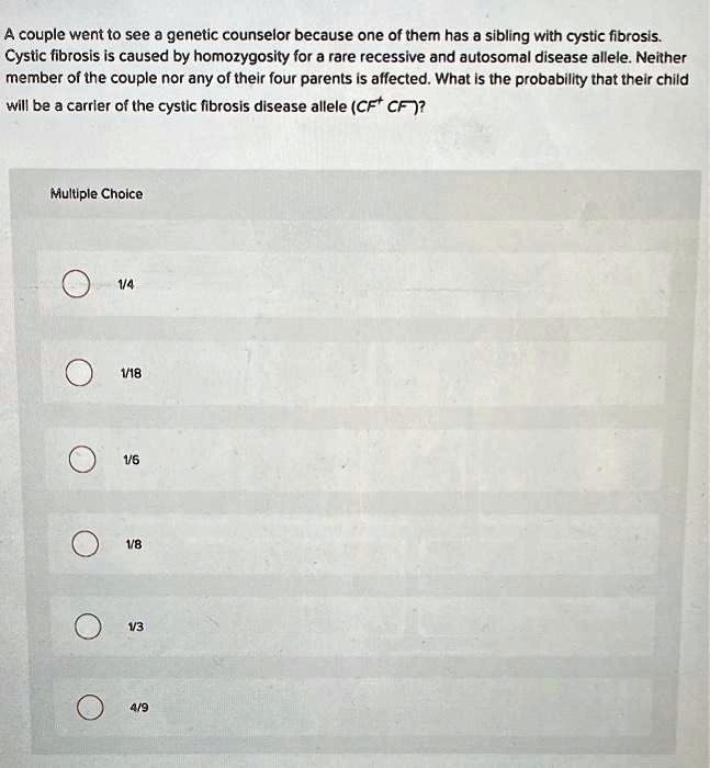A couple went to see a genetic counselor because one of them has a sibling with cystic fibrosis. Cystic fibrosis is caused by homozygosity for a rare recessive and autosomal disease allele. Neither member of the couple nor any of their four parents is affected. What is the probability that their child will be a carrier of the cystic fibrosis disease allele (CF+ CF-)?

1/4
1/18
1/6
1/8
1/3
4/9