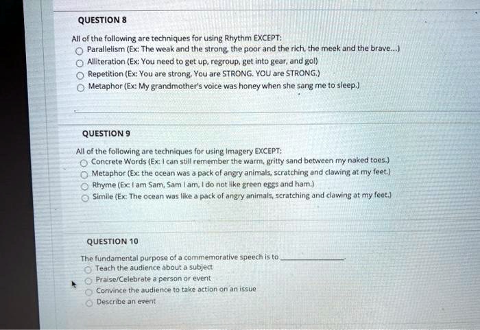 question8 all of the following are technigues for using rhythm except o paralllismex the weak and the strong the poor and the rich the meek and the brave oalliterationexyou need to get upreg 19648