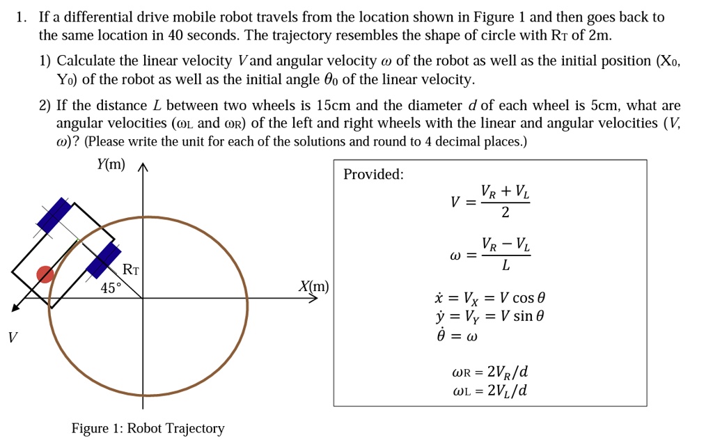 1. If a differential drive mobile robot travels from the location shown in Figure 1 and then goes back to the same location in 40 seconds. The trajectory resembles the shape of circle with RT of 2m.

1) Calculate the linear velocity V and angular velocity ω of the robot as well as the initial position (X0, Y0) of the robot as well as the initial angle θ0 of the linear velocity.

2) If the distance L between two wheels is 15cm and the diameter d of each wheel is 5cm, what are angular velocities ( and ) of the left and right wheels with the linear and angular velocities (V, ω)? (Please write the unit for each of the solutions and round to 4 decimal places.)

Provided:

V = (VR + VL)/(2)
ω = (VR - VL)/(L)
ẋ = Vx = V cosθ
ẏ = Vy = V sinθ
θ̇ = ω
= 2VR/d
= 2VL/d