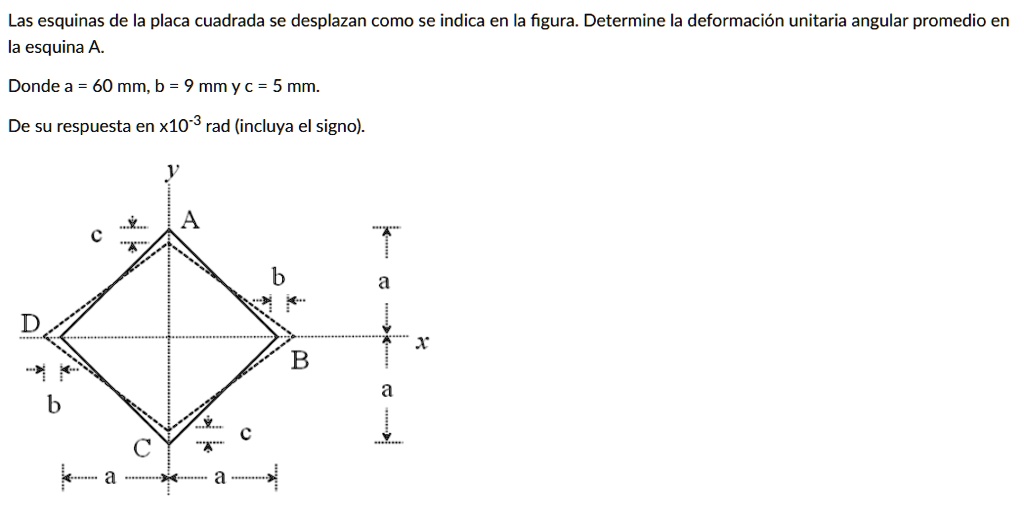 las esquinas de la placa cuadrada se desplazan como se indica en la figura determine la deformacion unitaria angular promedio en la esquina a donde a 60 mm b 9 mm y c 5 mm de su respuesta en 51428