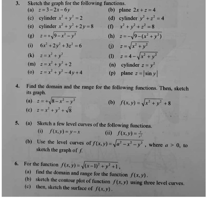 Solved Sketch The Graph For The Following Functions 33 2 6y B Plane 2x 2 4 Cylinder X Y 2 D Cylinder Y 4 E Cylinder X 2y 8 0 3 8 V9 X Y H 6x 2y 32 6 M N Cylinder